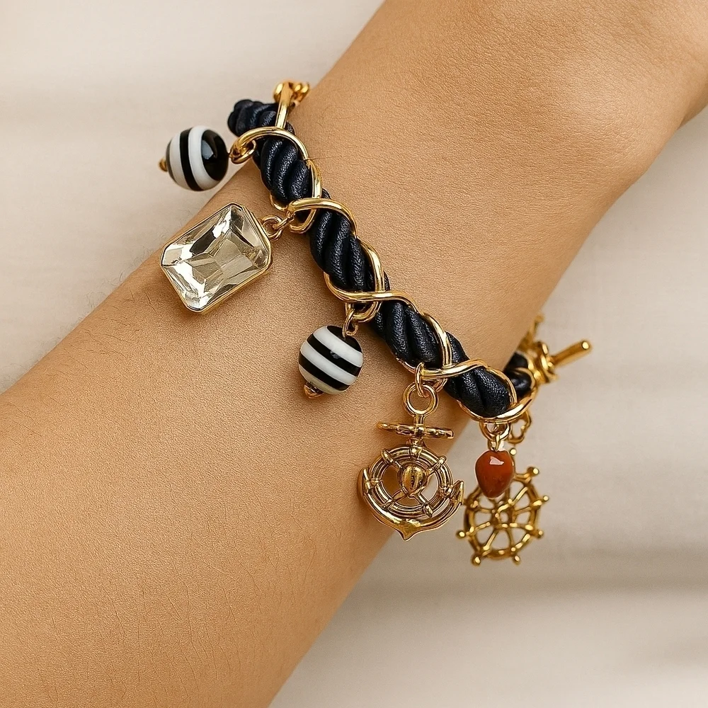 Nautical Navy Rope Bracelet with Gold Charms